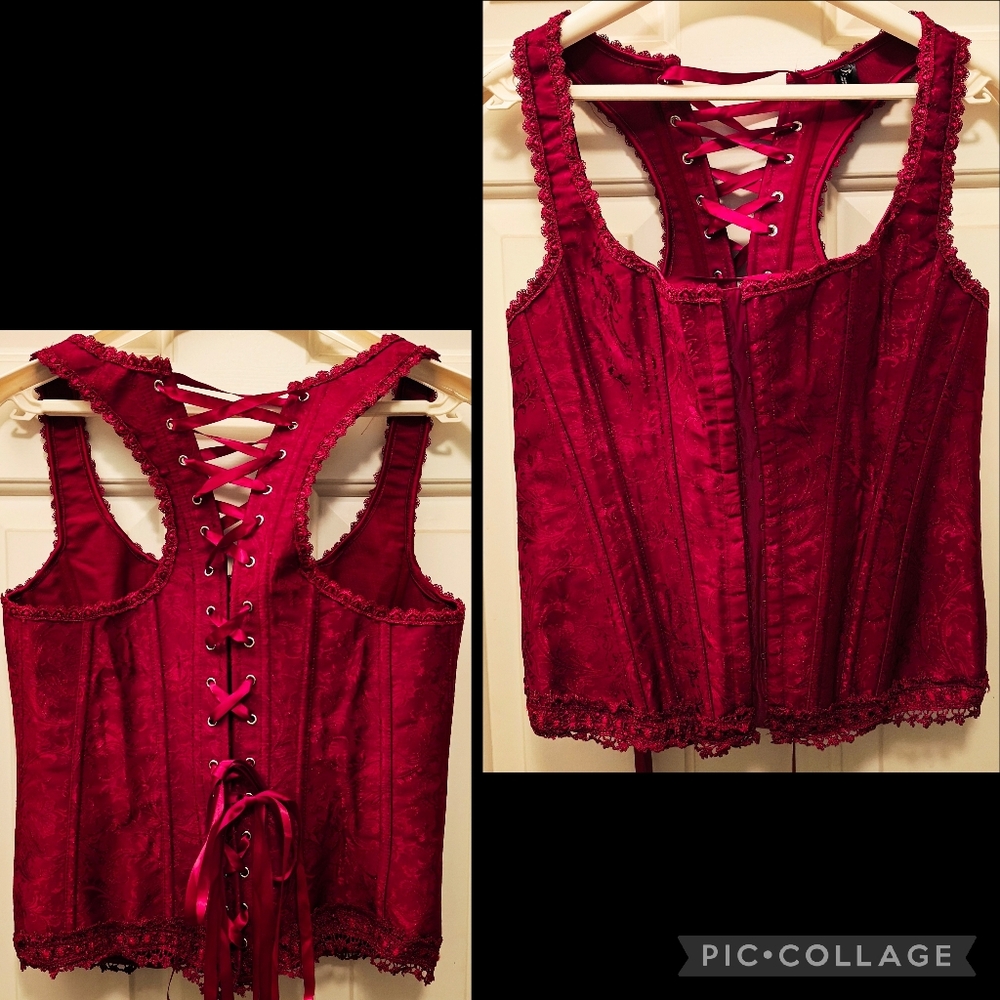 Burgandy Brocade Racerback Boned Lace Up Back, Venice Lace Trim Corset